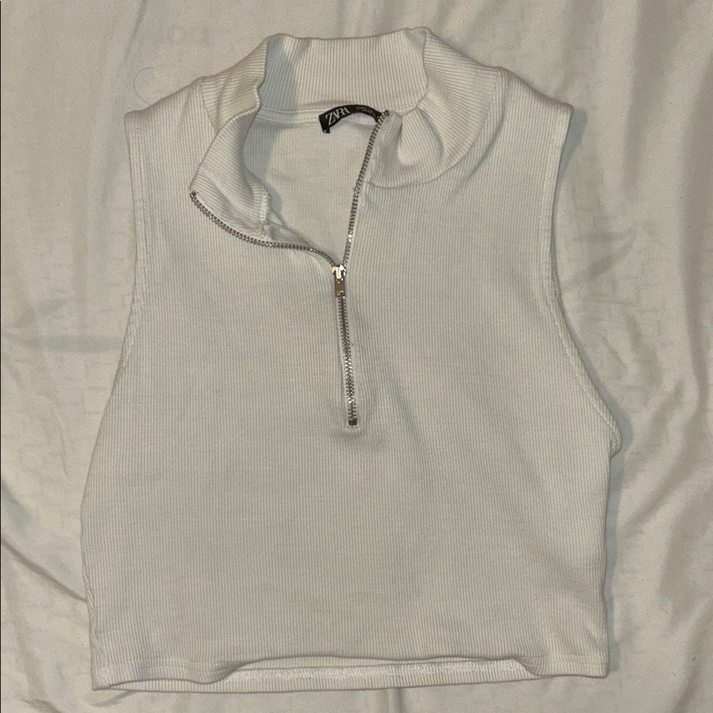 Zara White Ribbed Crop Top with Zipper